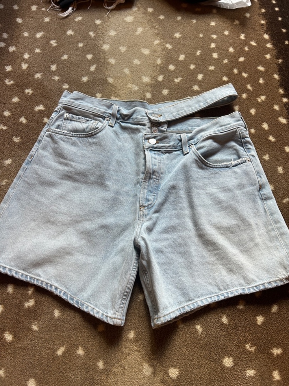 Agolde Light Blue Denim Broken Waistband Shorts